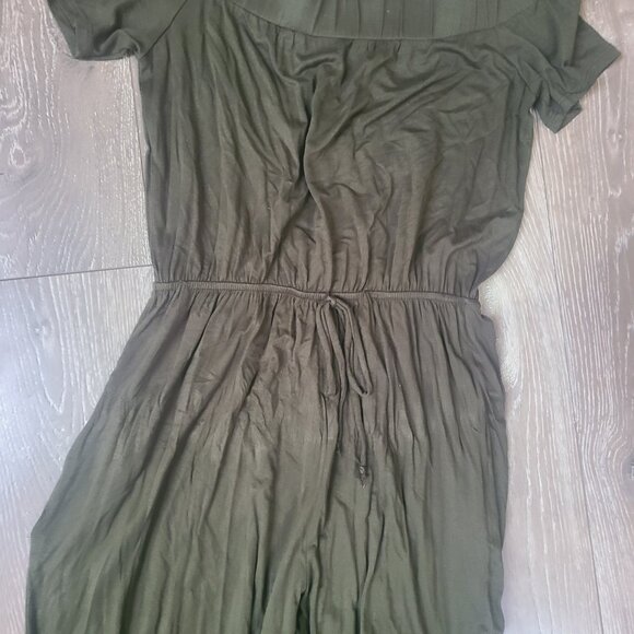 Fantastic Fawn Olive Green Soft and Stretchy Jumpsuit Romper Off Shoulder - Picture 4 of 5